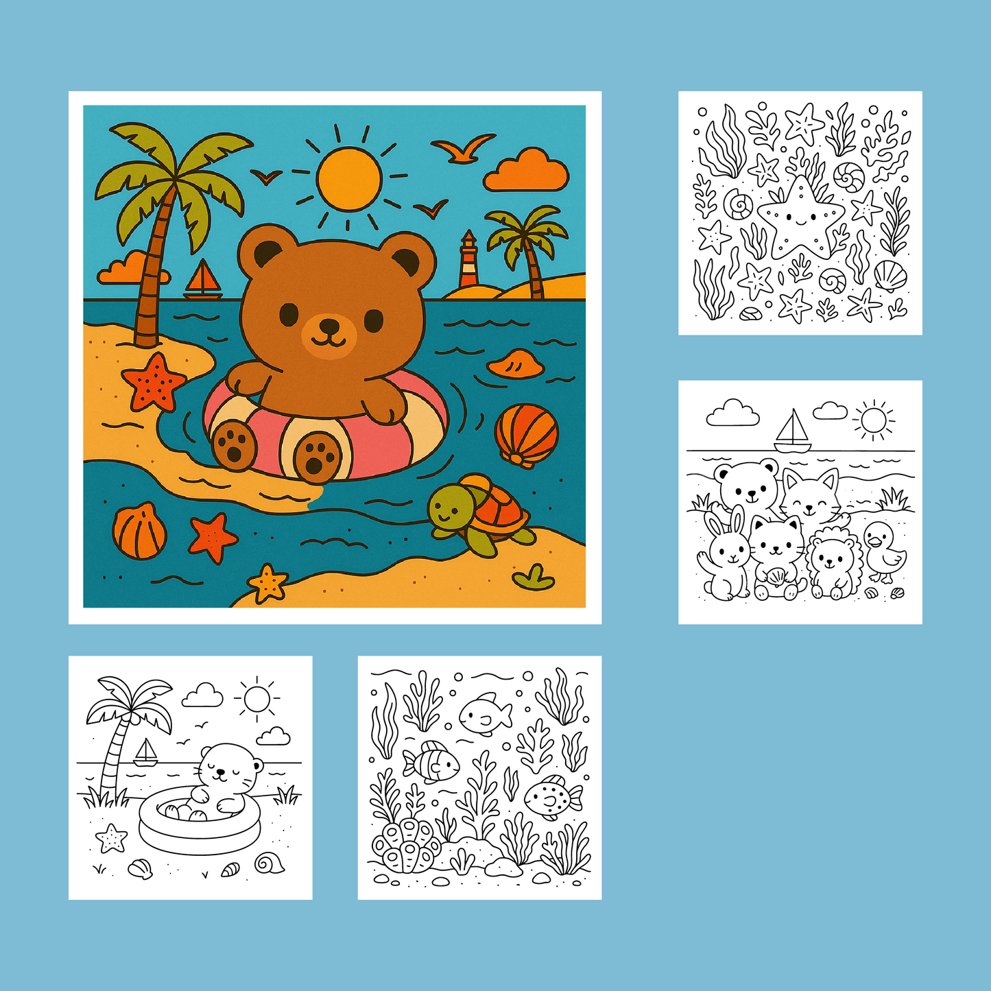 Amis Câlins du Bord de Mer: Livre de coloriage d’été + 24 Crayons De Coloriage